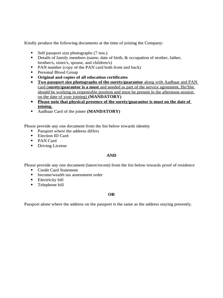 Joining Document Requirements Checklist | PDF