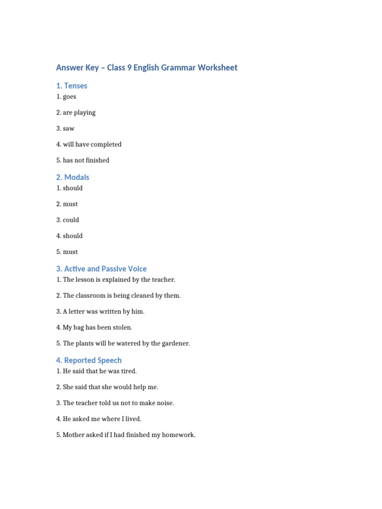 Class 9 English Grammar Answer Key | PDF