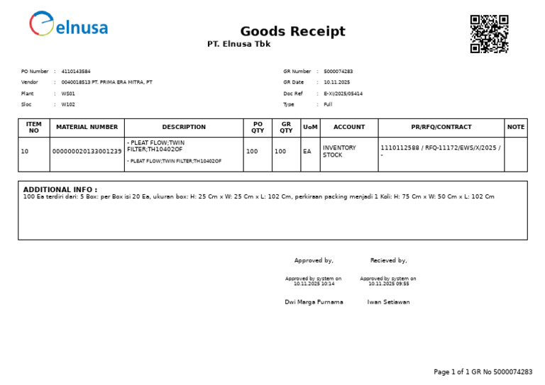 Goods Receipt for Pleat Flow Filters | PDF