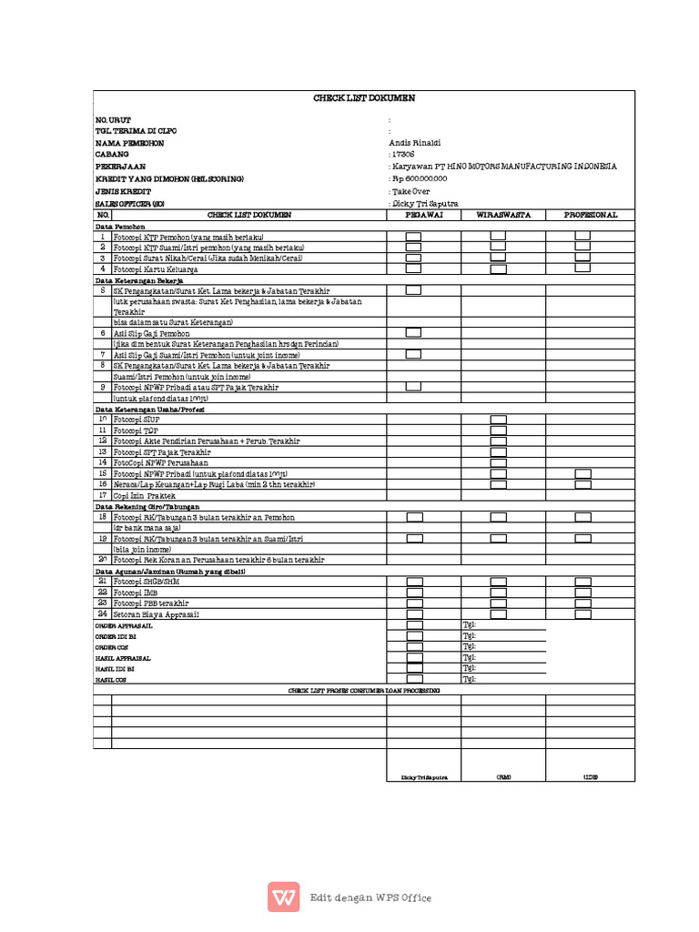 Checklist Dokumen Kredit Take Over | PDF