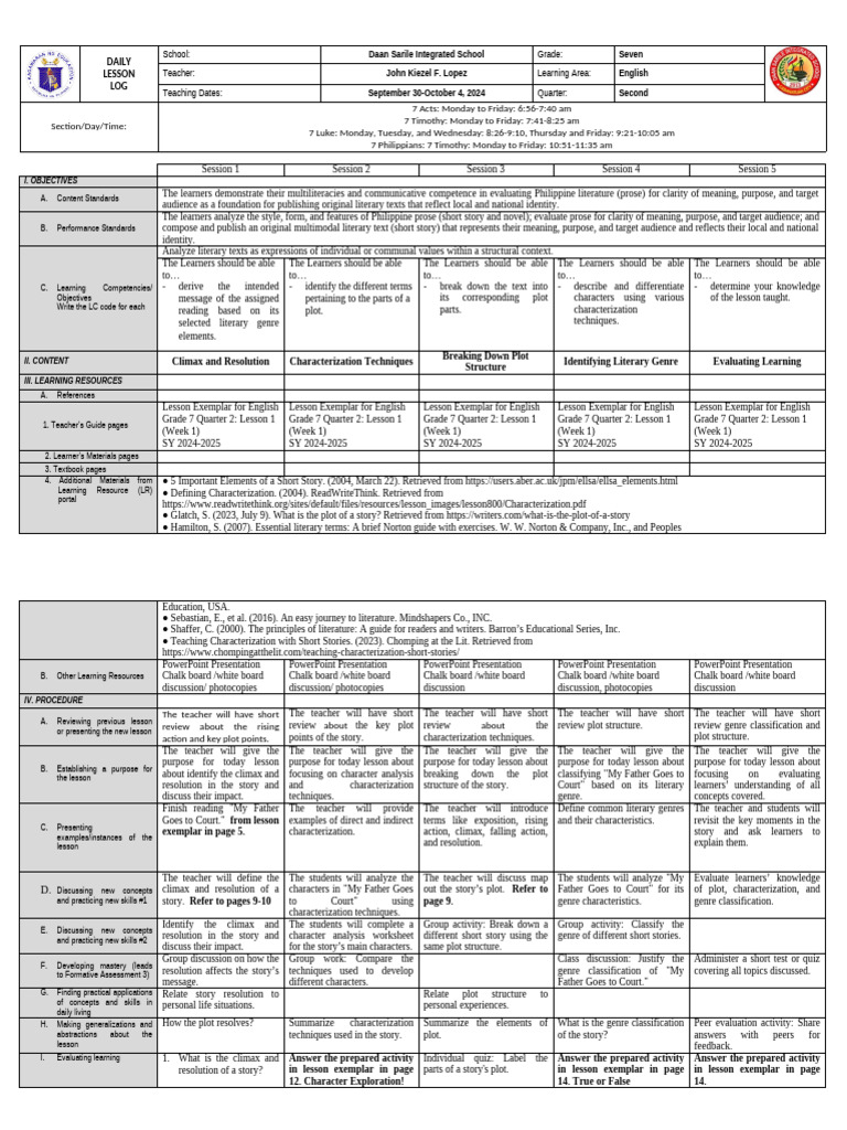 Grade 7 English Lesson Plan: Prose Analysis | PDF | Learning ...