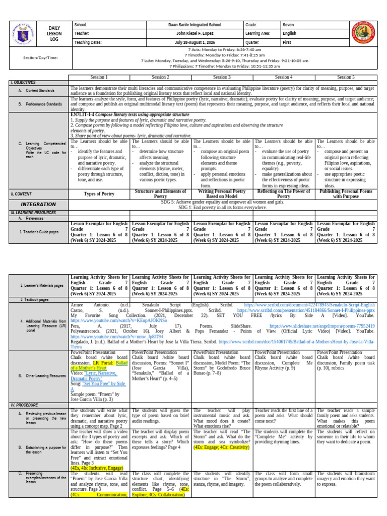 Grade 7 English Poetry Lesson Plan | PDF | Poetry | Human Communication