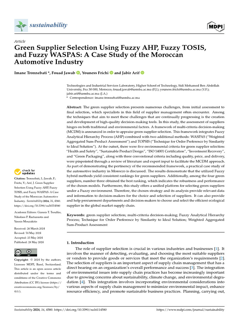 Green Supplier Selection Using Fuzzy AHP, Fuzzy TOSIS, And Fuzzy WASPAS ...