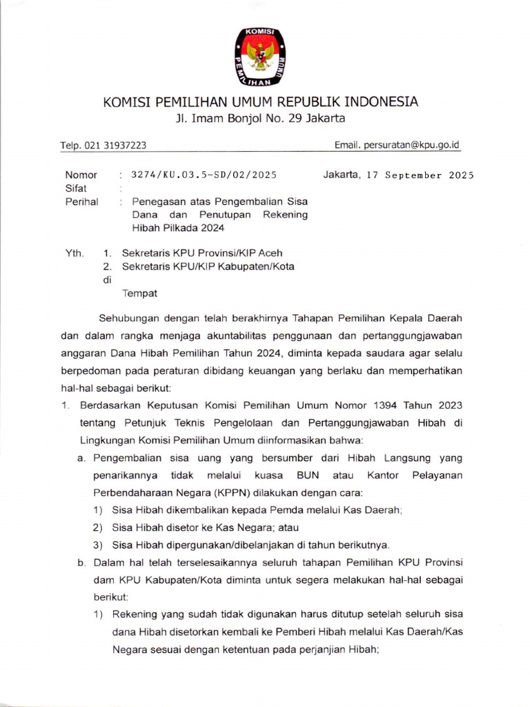 3274-KU.03.5-SD-02-2025 - Penegasan Pengembalian Sisa Dana & Penutupan ...
