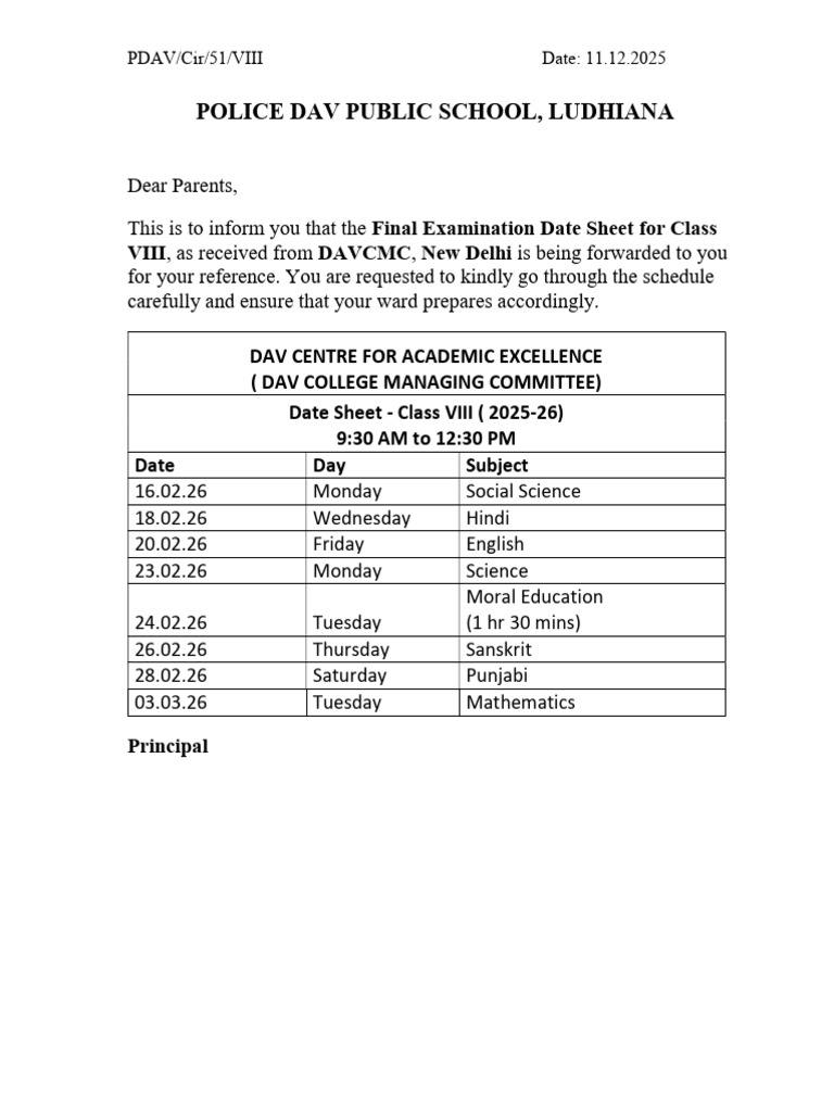 Class VIII Final Exam Date Sheet 2025-26 | PDF