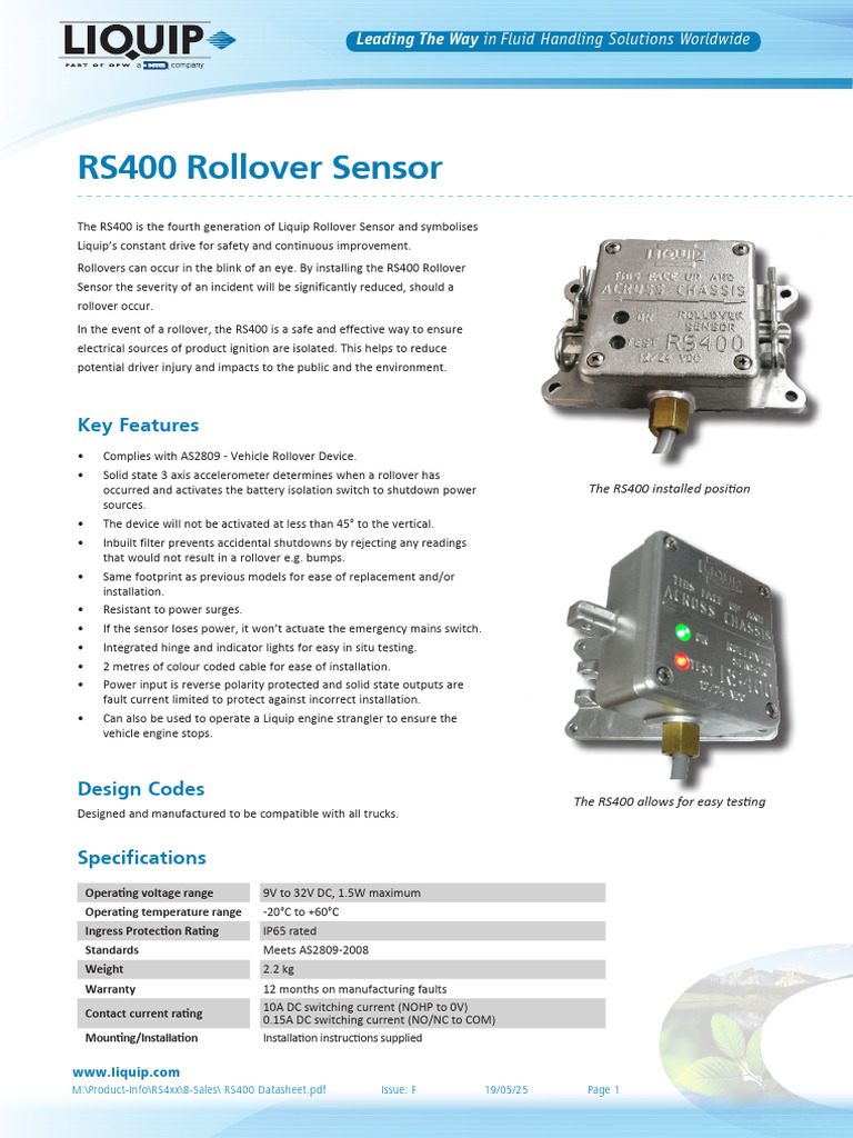 RS400 Rollover Sensor Specifications | PDF | Light Emitting Diode | Switch