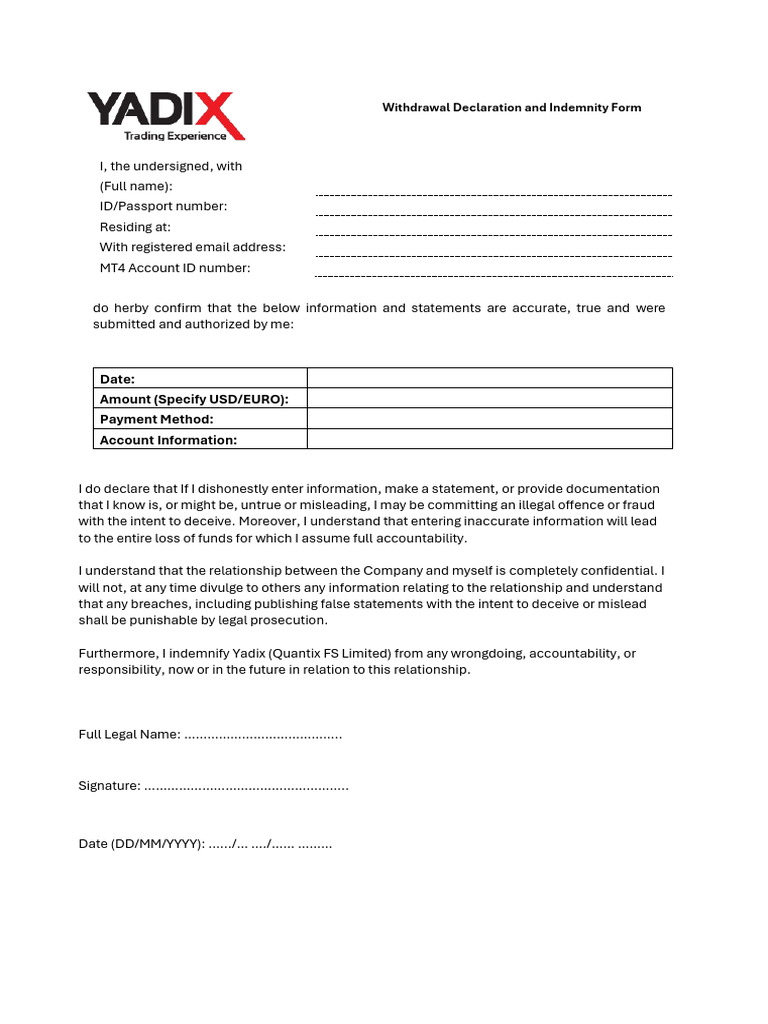Withdrawal Declaration Form Template | PDF