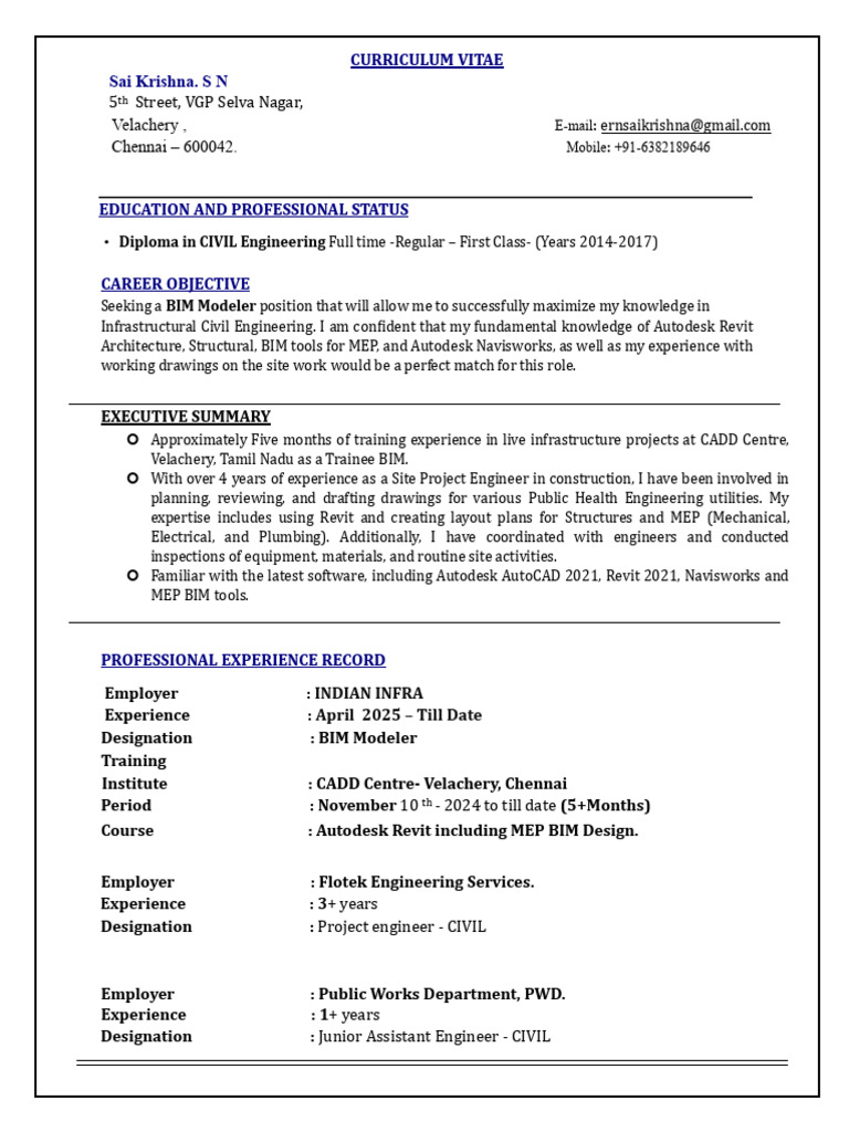 BIM Modeler CV - Sai Krishna S N | PDF | Autodesk Revit | Autodesk