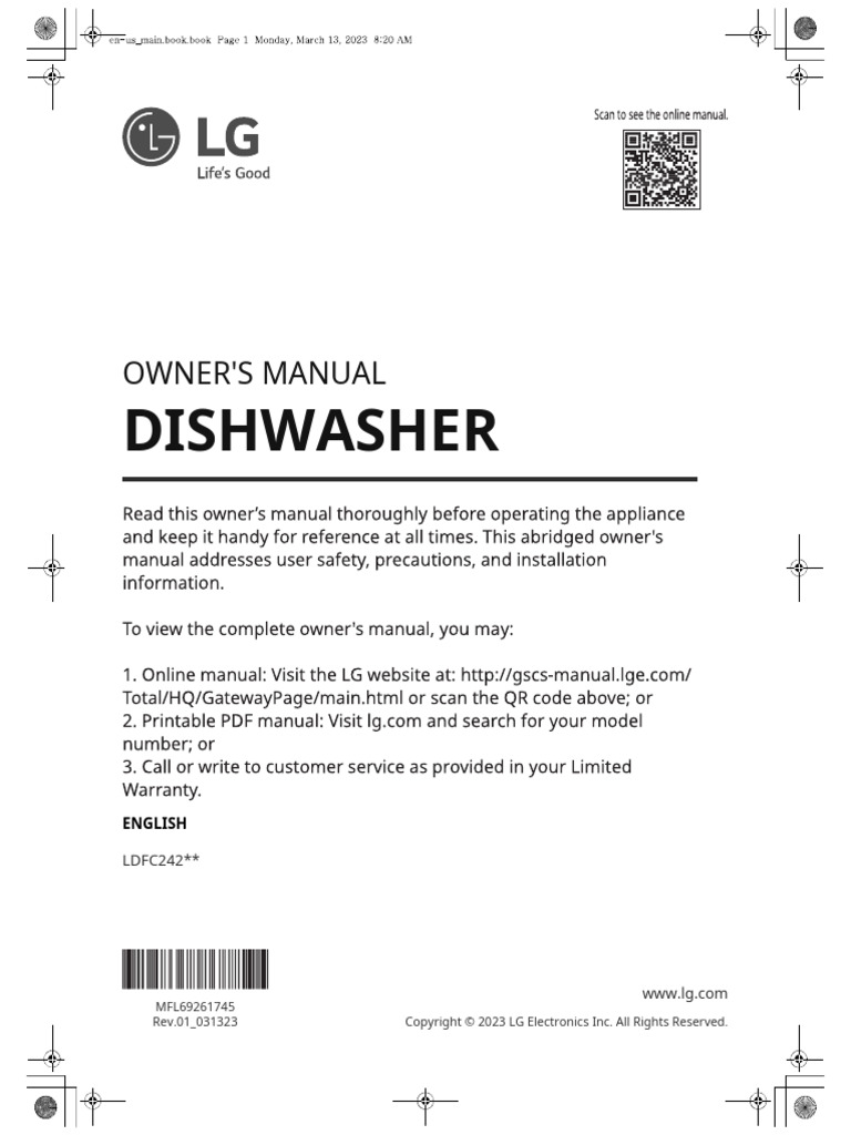 LG Dishwasher Owner's Manual LDFC242 | PDF | Dishwasher | Water Heating