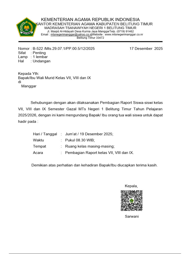 Undangan Pembagian Raport MTs 1 Belitung | PDF