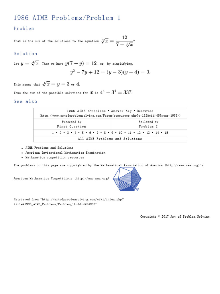 1986 AIME Problem 1 Solution Summary | PDF | Summation | Triangle