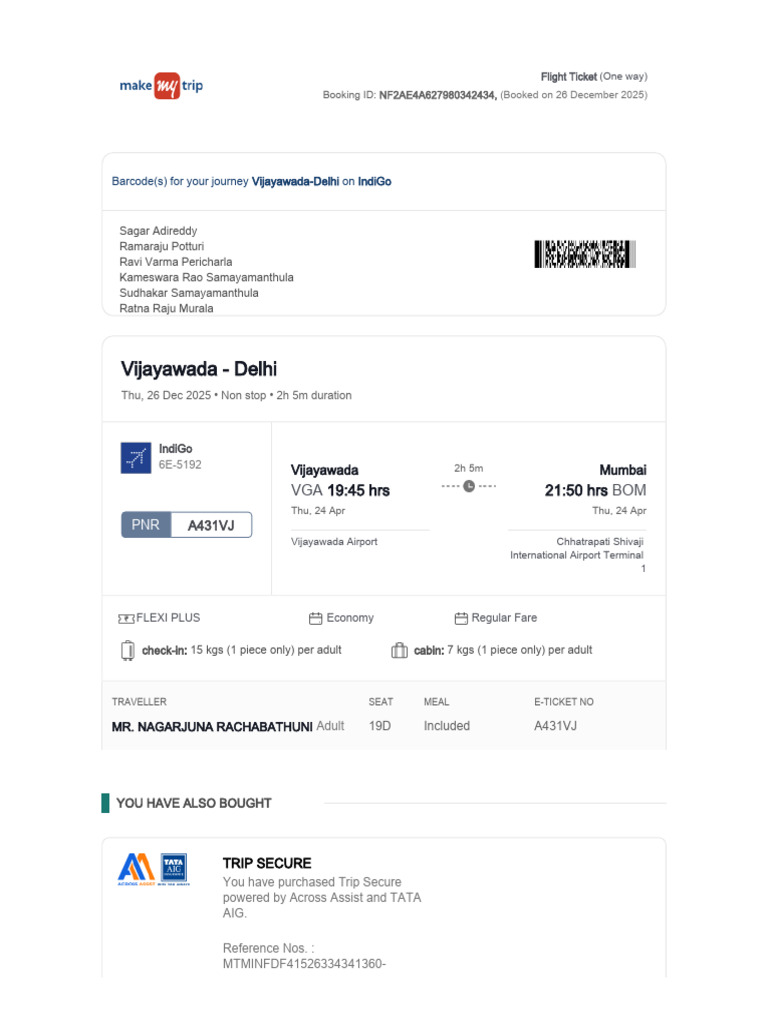 IndiGo Flight Ticket: Vijayawada to Delhi | PDF | Identity Document ...
