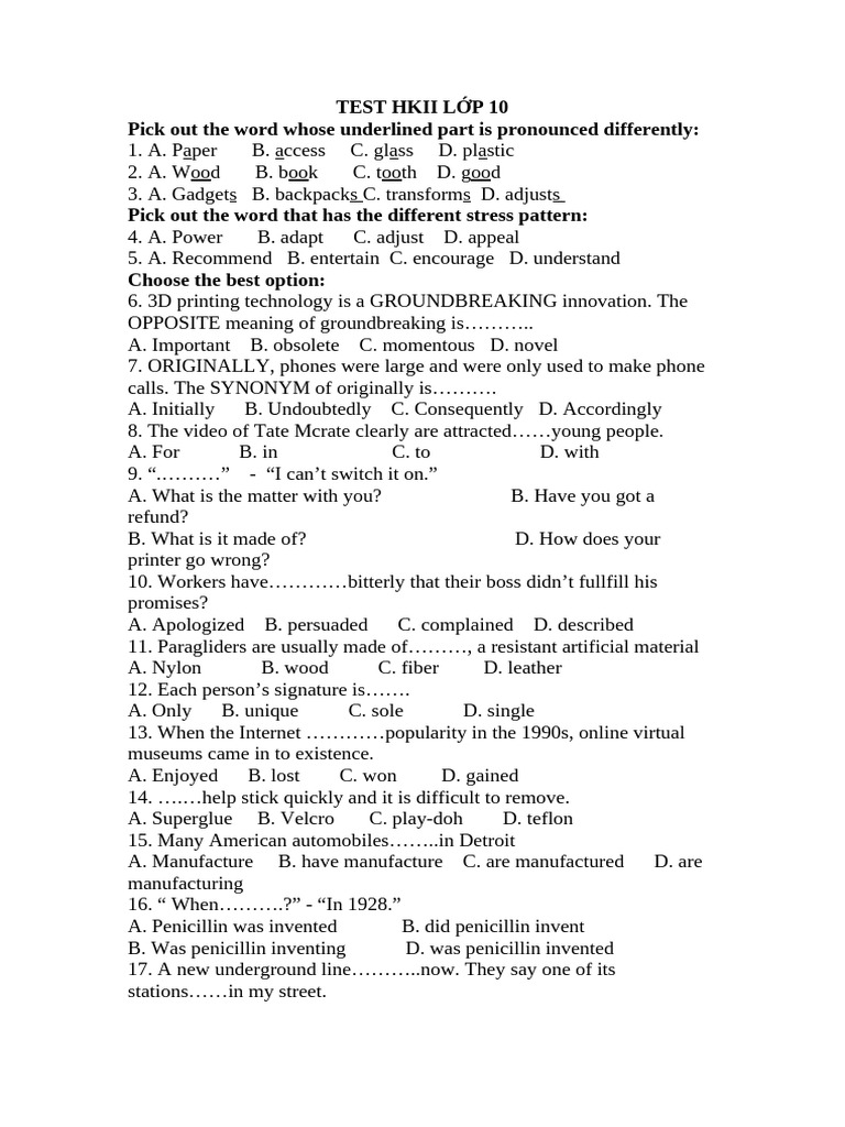Test HKII Lớp 10: English Language Skills | PDF | Teachers | Vietnam