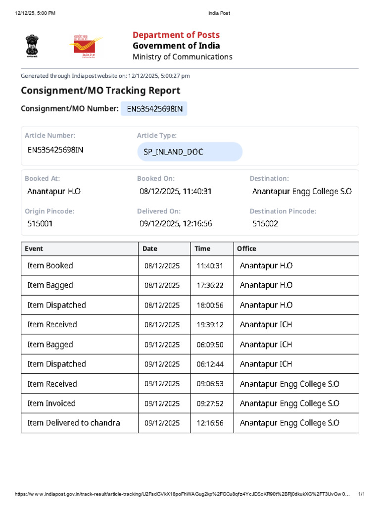 India Post Consignment Tracking Report | PDF