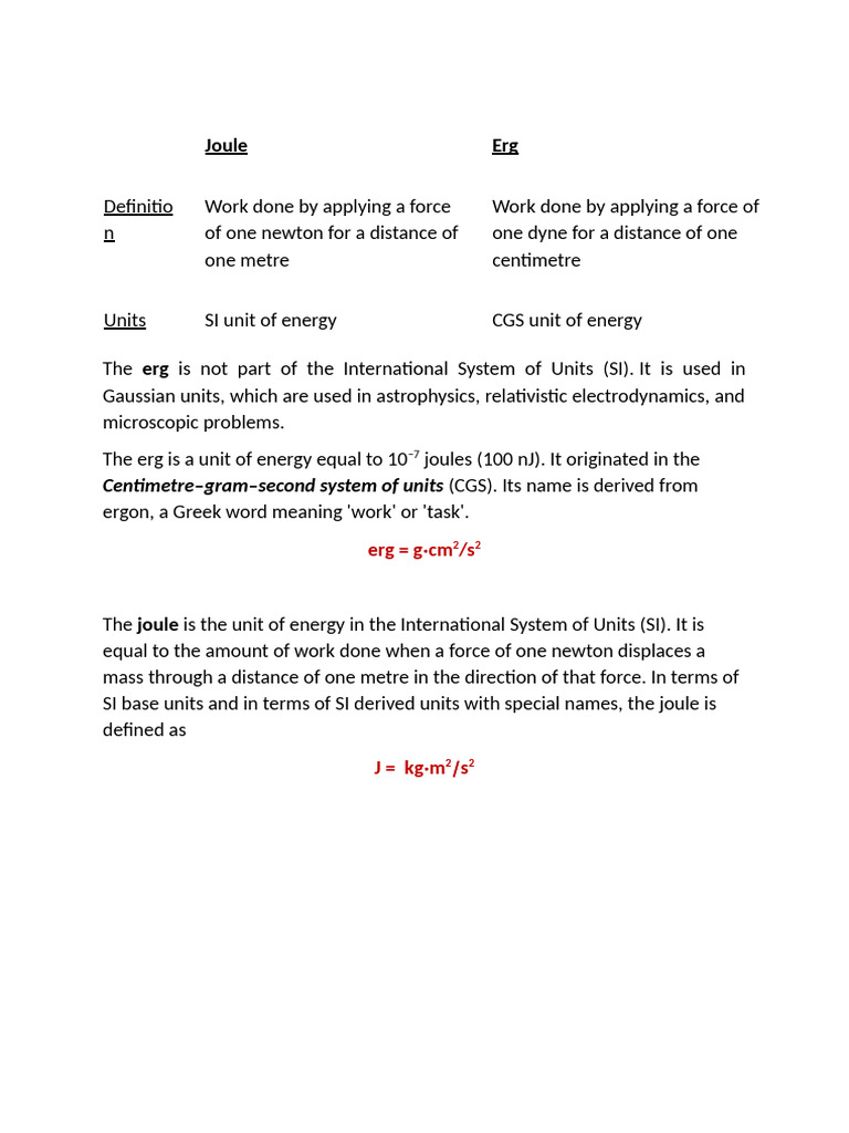 Joule and Erg: Energy Units Explained | PDF