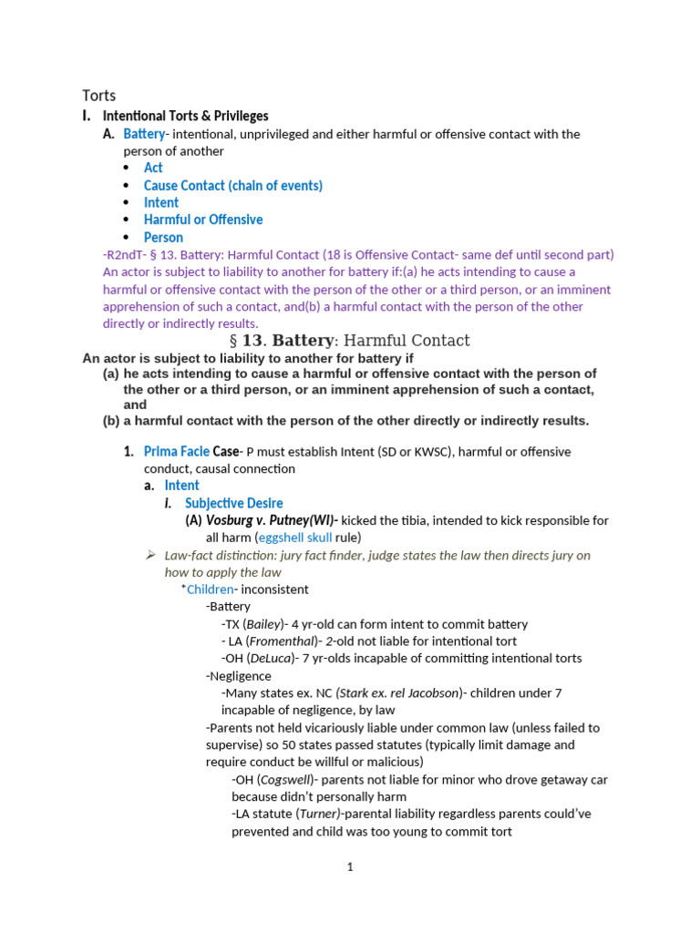 Understanding Intentional Torts: Battery | PDF | Trespass | Tort