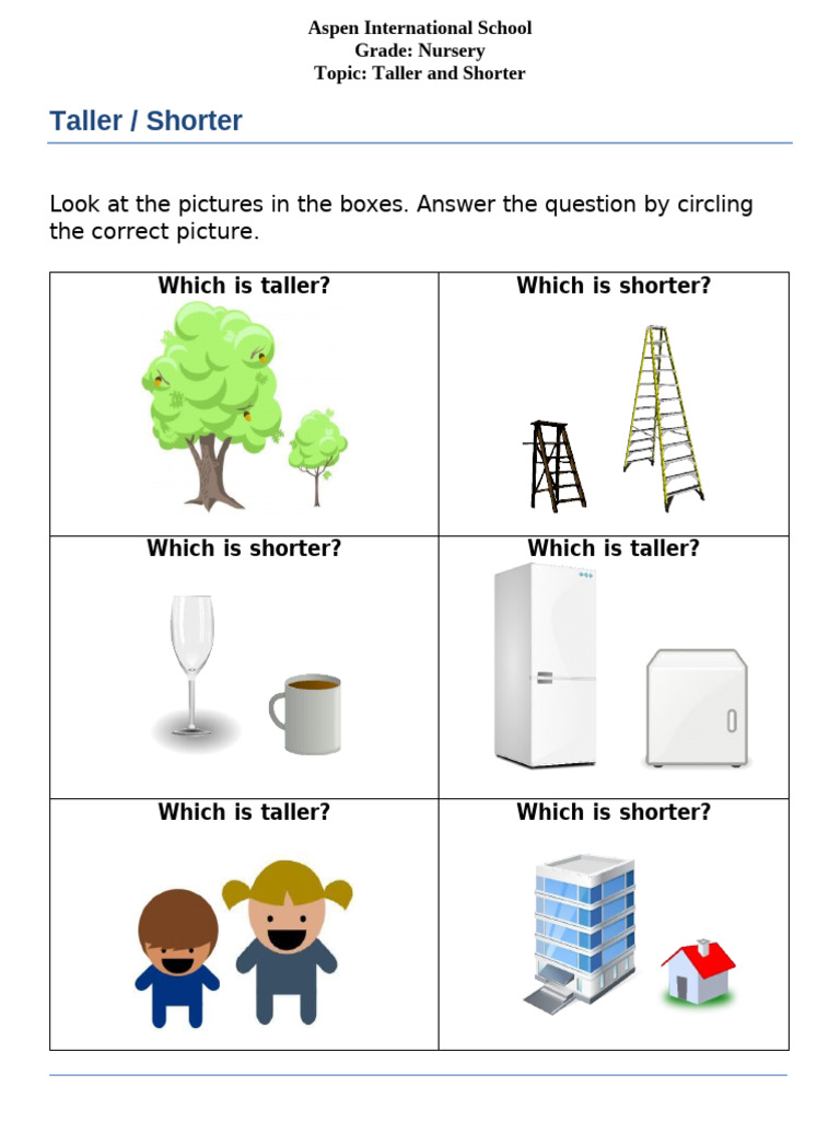 Taller and Shorter Activity for Nursery | PDF