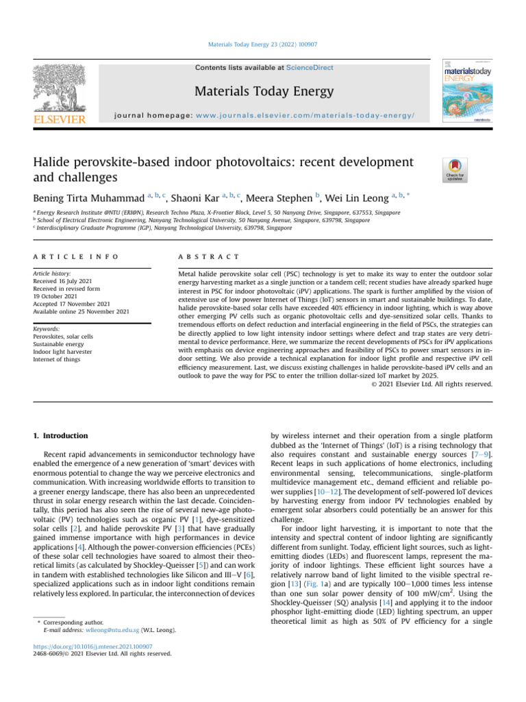 Halide Perovskite Based Indoor Photovoltaics Recent Development | PDF ...