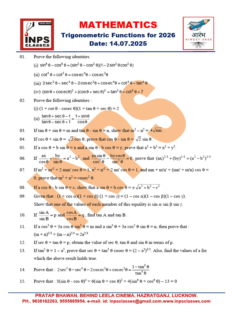 Trigonometric Identities for 2026 Exam | PDF | Combinatorics | Calculus