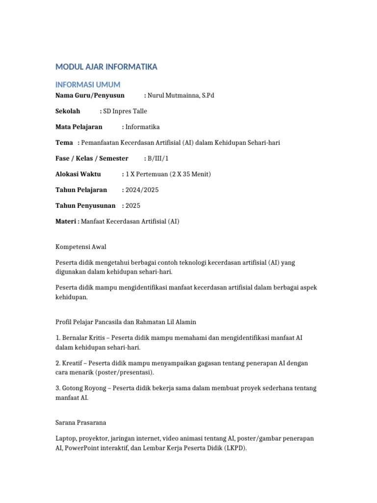 Modul Ajar Informatika - Manfaat Ai | PDF
