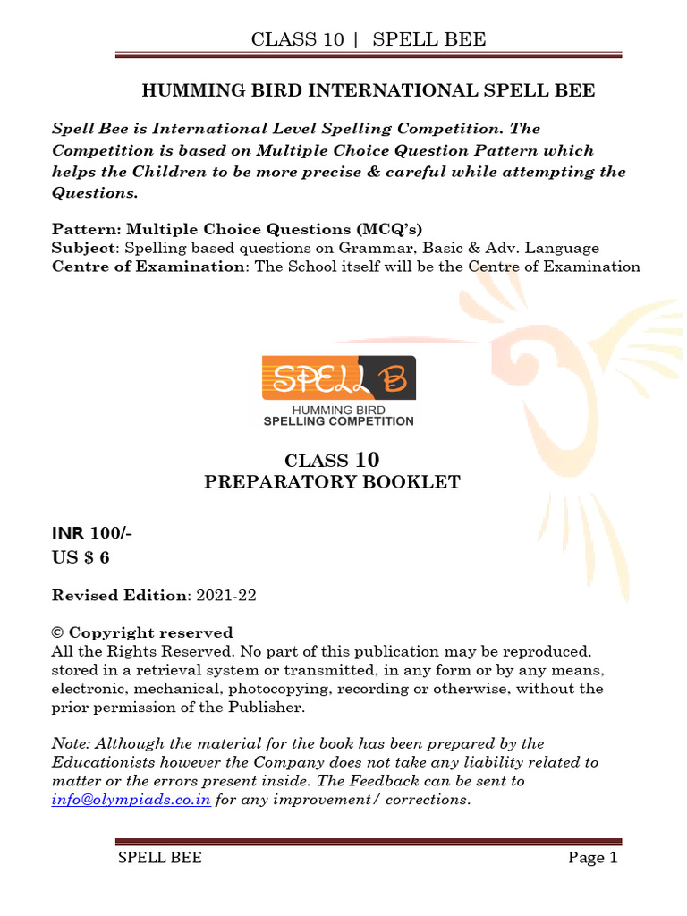 Class 10 Spell Bee Preparation Guide | PDF | Spelling