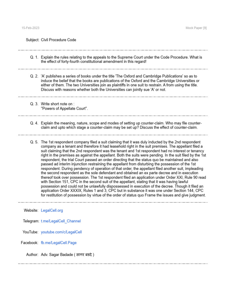 Civil Procedure Code Mock Paper | PDF | Lawsuit | Leasehold Estate