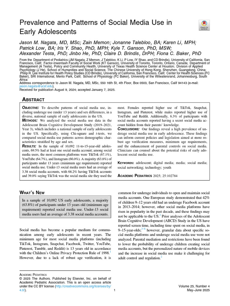 Social Media Use in Early Adolescents | PDF | Adolescence | Sampling ...