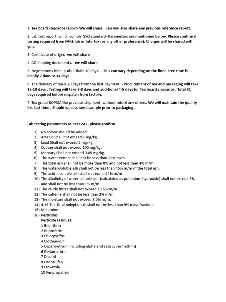 Tea Quality Compliance and Shipping Details | PDF