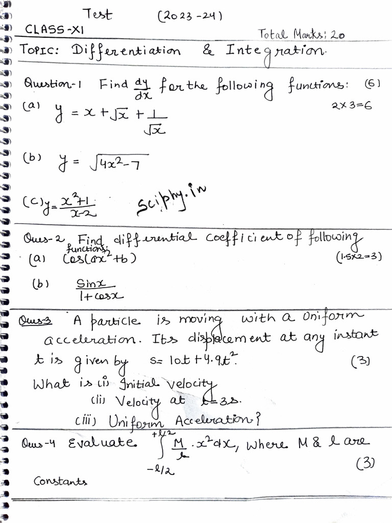 Differentiation & Integration Test | PDF