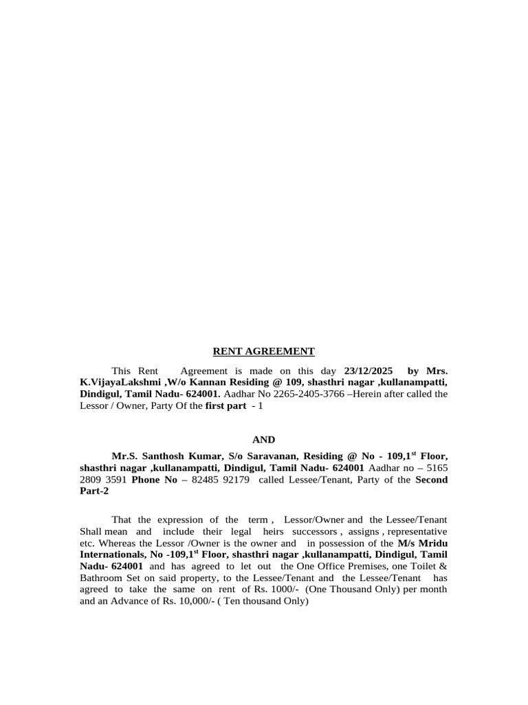 Rent Agreement for Office Premises | PDF | Lease | Leasehold Estate