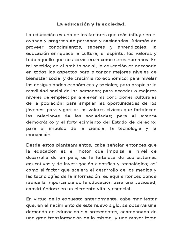 Importancia de la Educación en la Sociedad | PDF | Sociedad ...