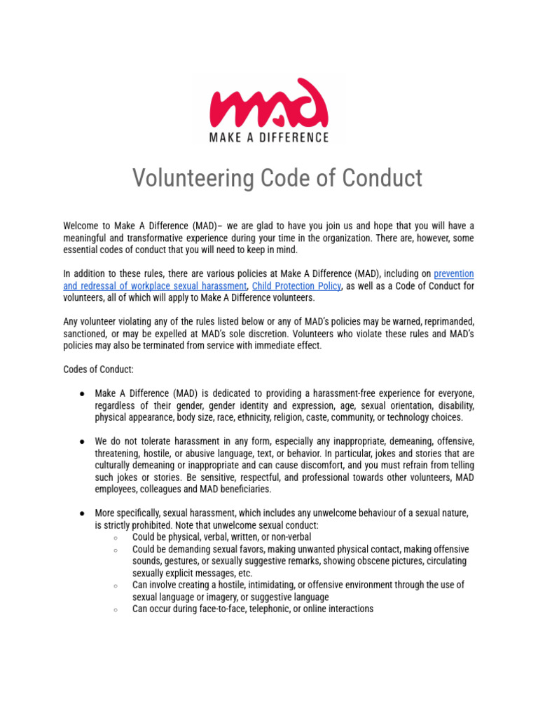 Volunteer Code of Conduct | PDF | Harassment | Sexual Harassment