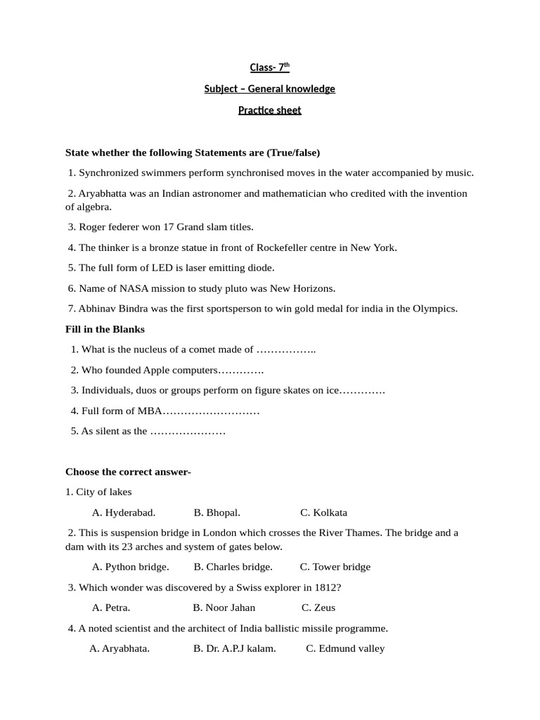 Class 7 General Knowledge Practice Sheet | PDF