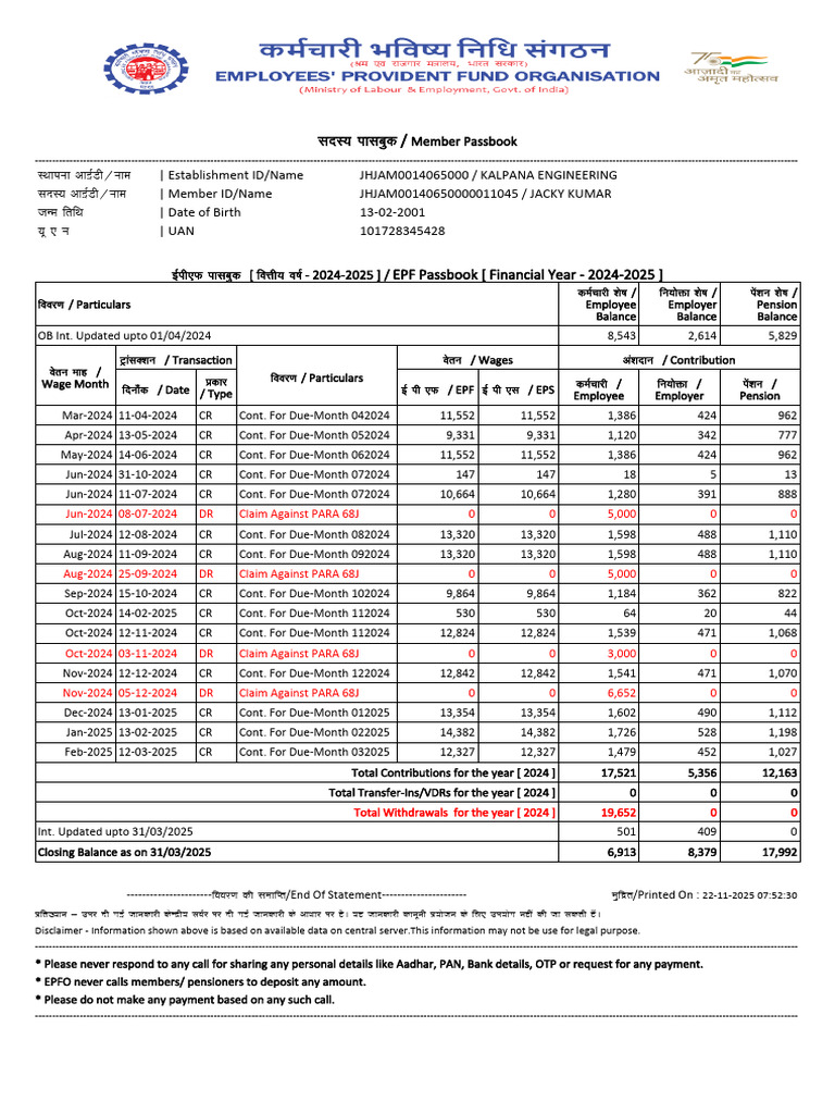 EPF Passbook Summary 2024-2025 | PDF | Employment Compensation ...