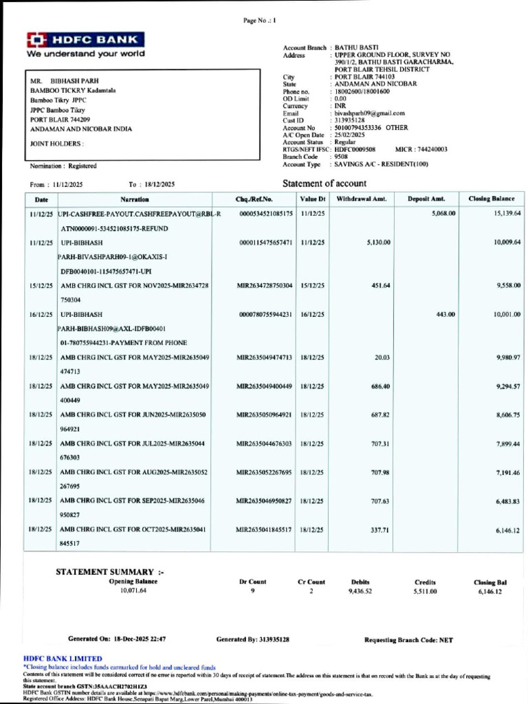 HDFC Bank Account Statement Summary | PDF | Banking | Financial Services