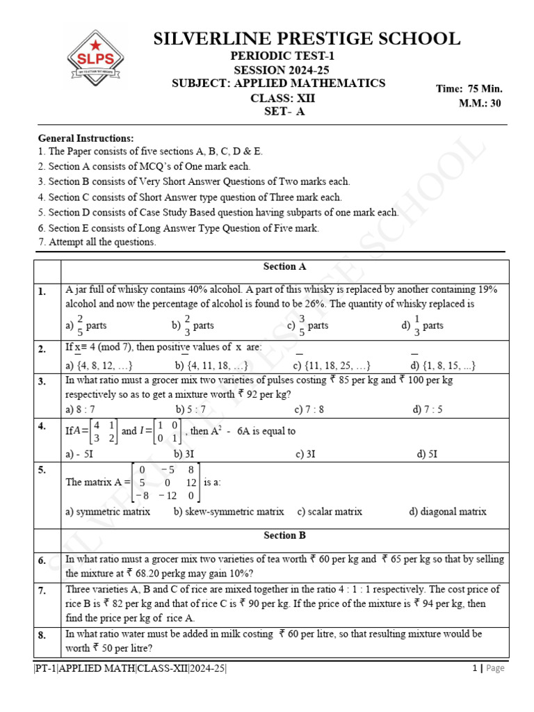 Applied Mathematics Test Paper Class XII | PDF | Algebra | Linear Algebra
