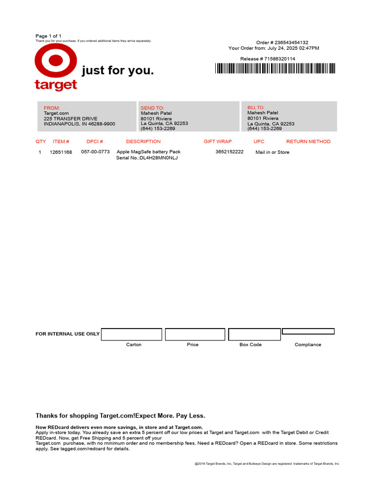Target Order Confirmation Receipt | PDF | Target Corporation