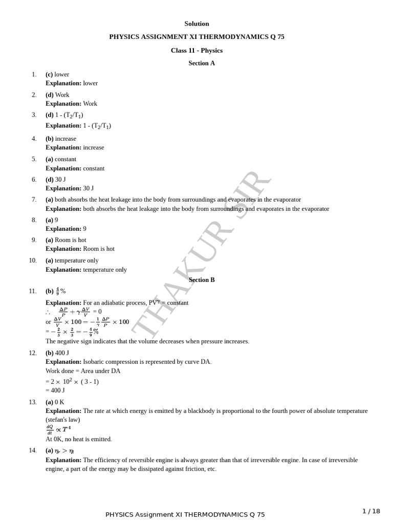 Sol 75 Thermodynamics XI Phy | PDF | Heat | Temperature