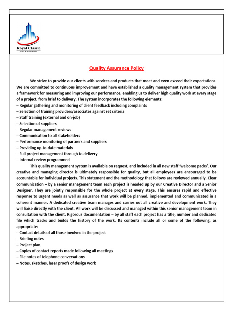 Quality Assurance Policy Overview | PDF | Project Management | Quality ...