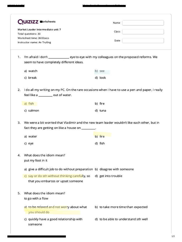 Market Leader Intermediate Unit 7 Quiz | PDF