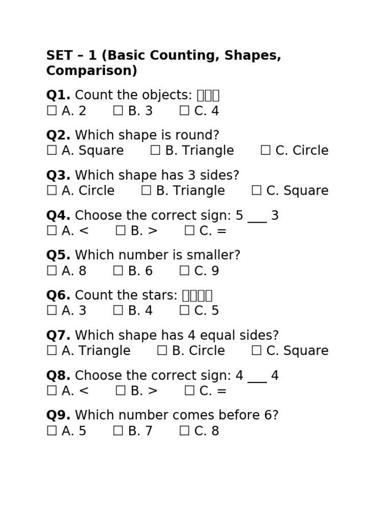 Basic Counting and Shapes Quiz | PDF