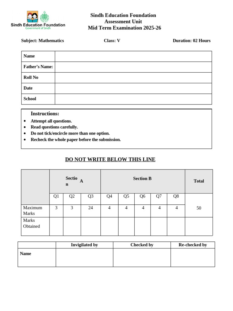 Mathematics Mid Term Exam Class V 2025-26 | PDF | Number Theory | Numbers