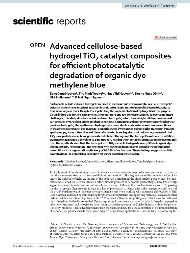 Advanced Cellulose-Based Hydrogel TiO2 Catalyst Composites For ...