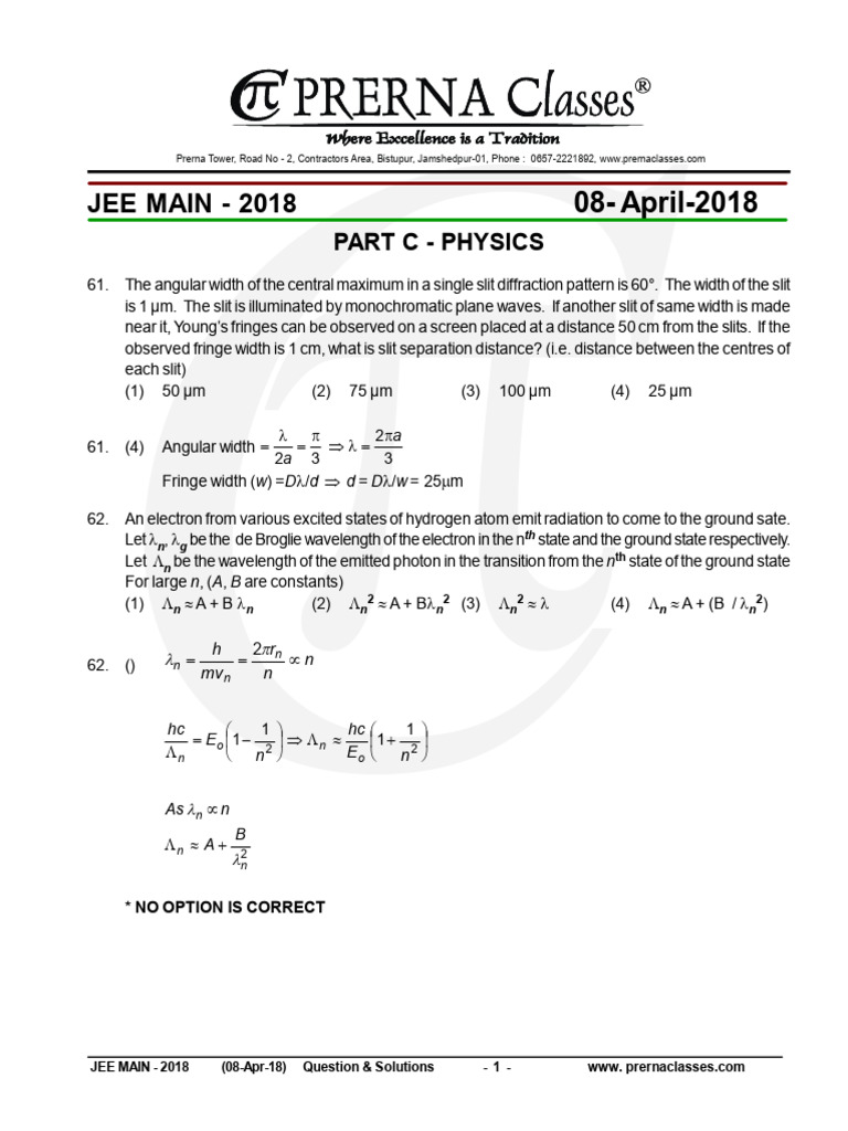 JEE Main 2018 Physics Questions & Solutions | PDF | Wavelength | Electron