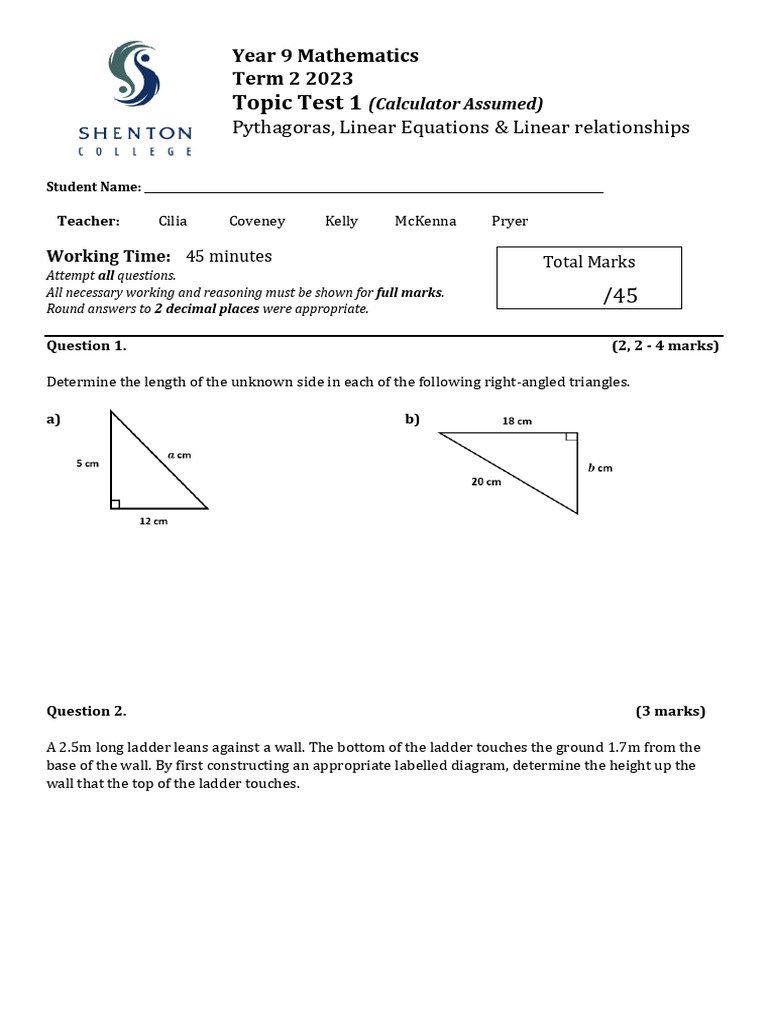 Year 9 Maths Test: Pythagoras & Linear Equations | PDF | Line (Geometry ...