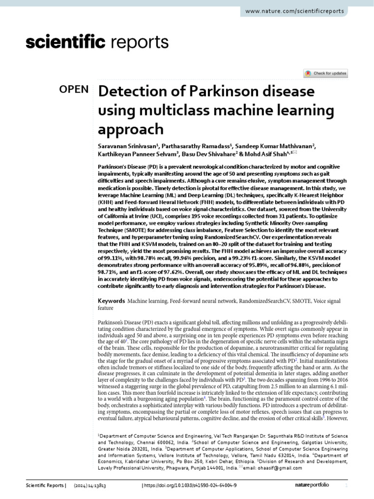 Parkinson's Disease Detection via ML Techniques | PDF | Machine ...