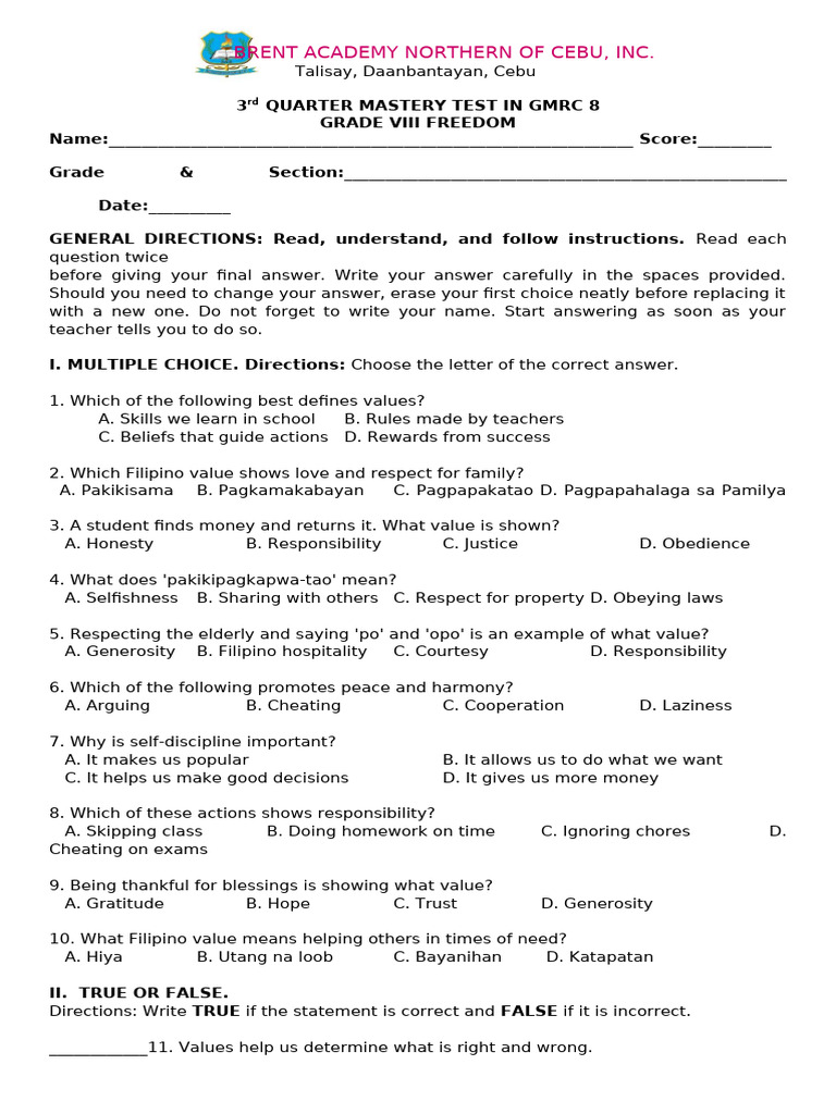 3rd Quarter Mastery Test in Gmrc 8 | PDF | Gratitude | Psychology