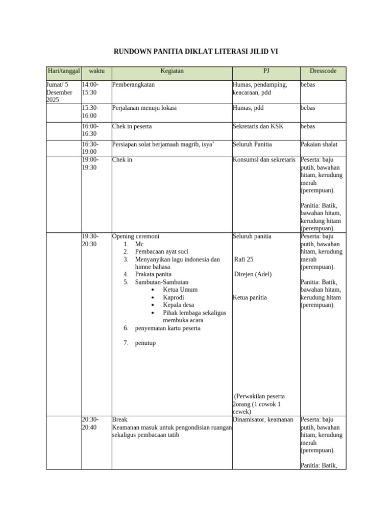 Rundown Diklat Literasi Jilid VI | PDF
