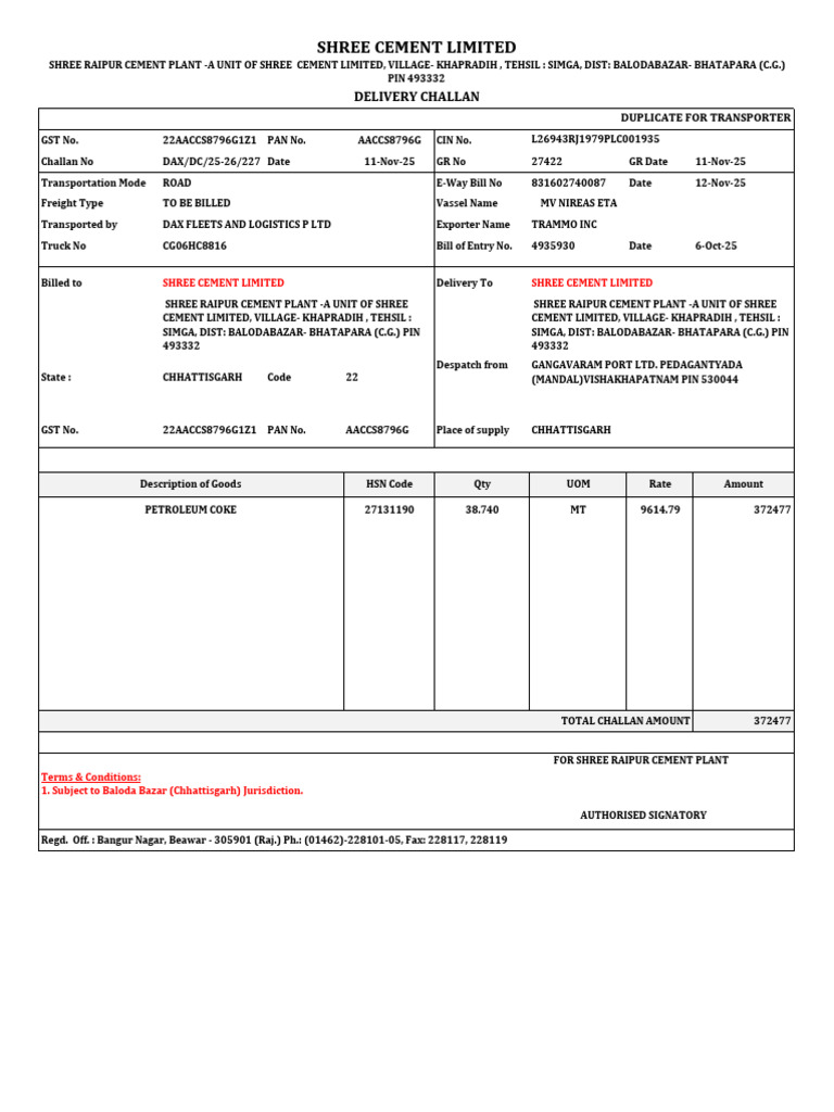 Delivery Challan for Petroleum Coke Shipment | PDF | Transport