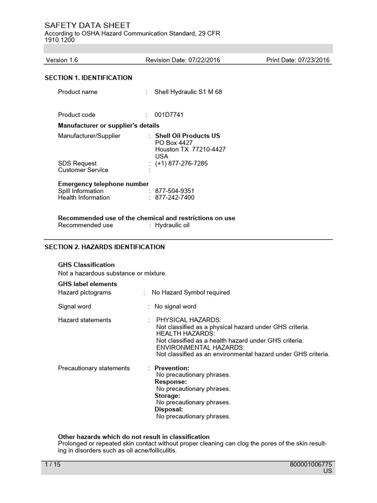 Shell Hydraulic Fluid S1 M 68 MSDS | PDF | Safety | Occupational Safety ...